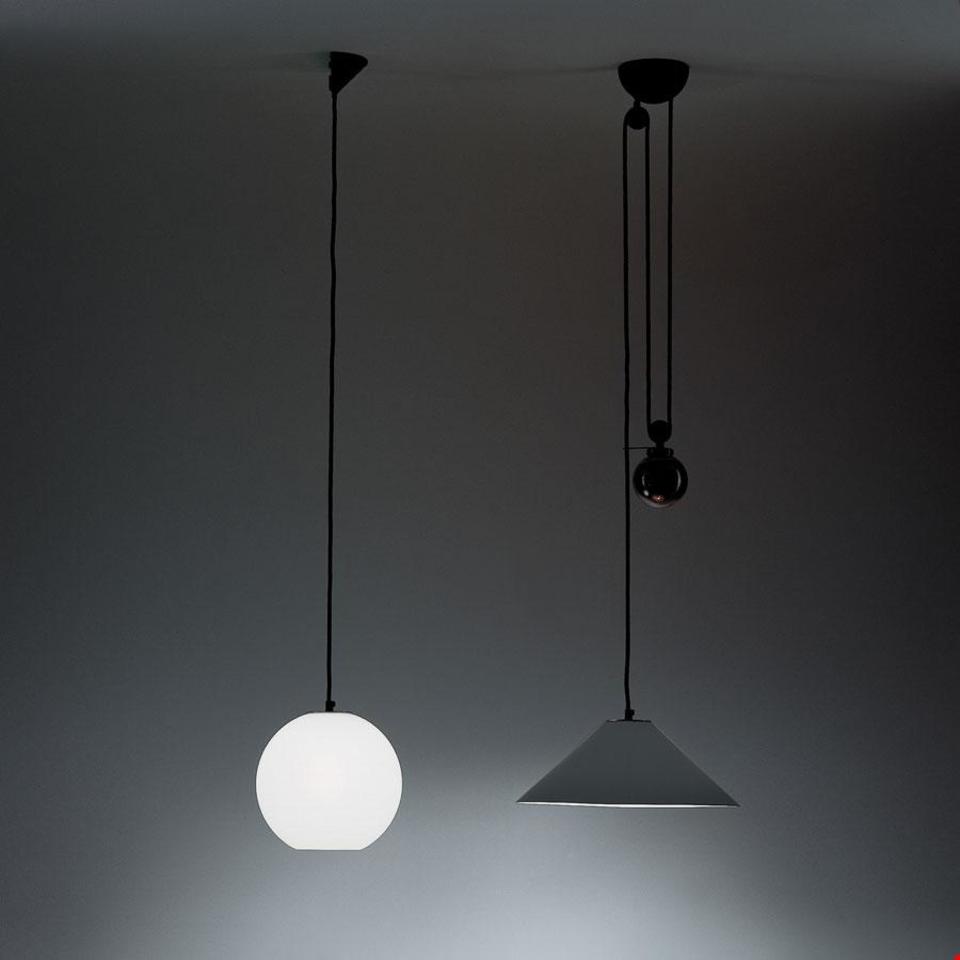 Two Artemide Aggregato pendant lamps: left spherical white opal glass globe, right conical grey shade with pulley mechanism on black cords - 2