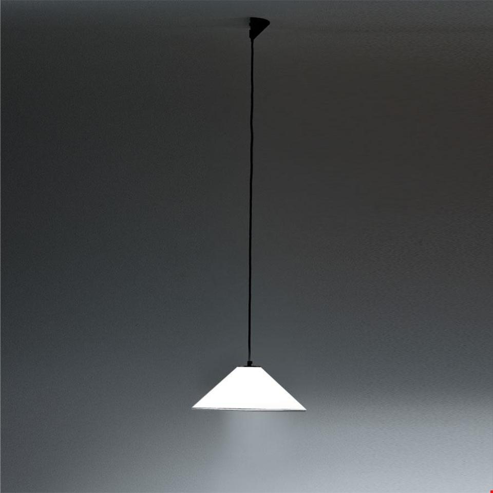Artemide Aggregato pendant lamp with white conical opal glass shade suspended from ceiling by a thin black cord