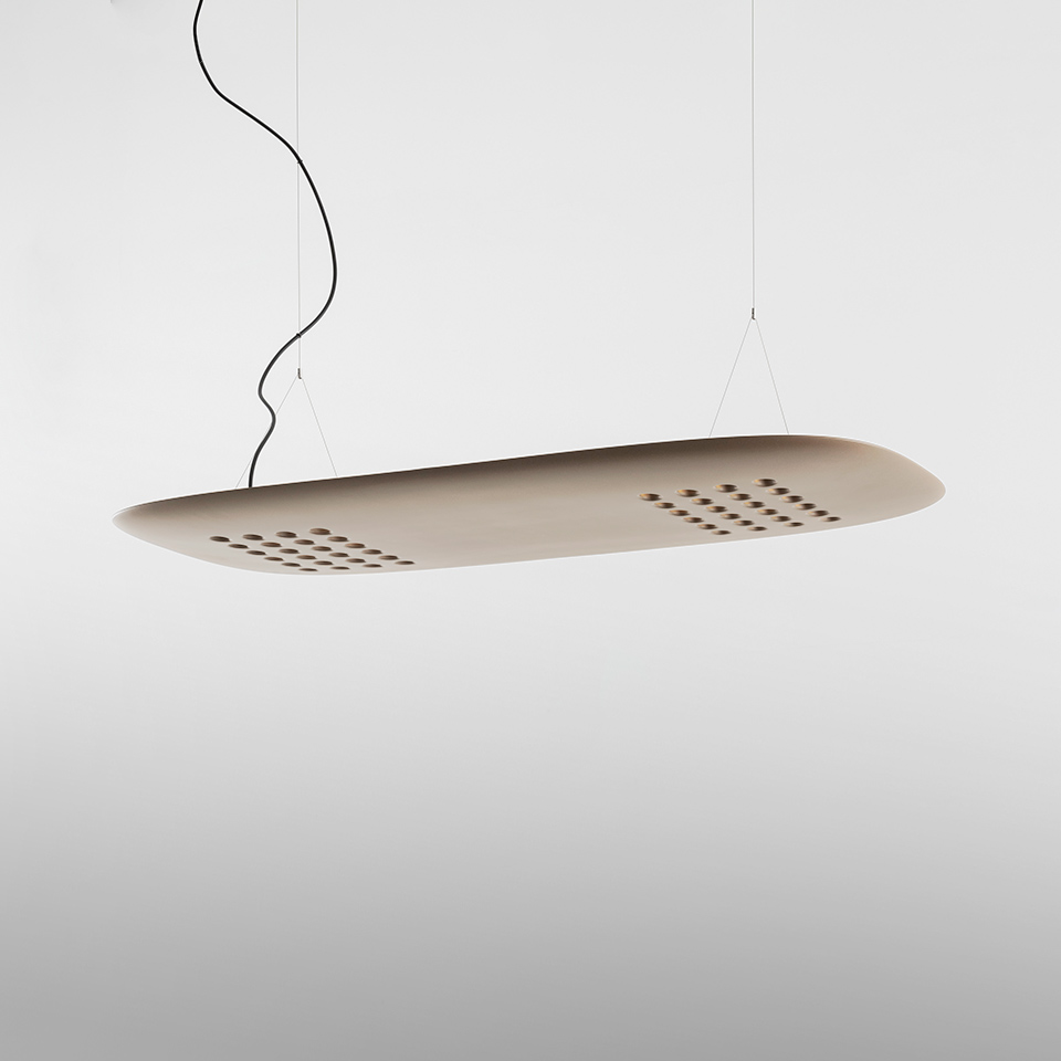 Artemide ALE.01 pendant lamp: elongated oval beige shade with perforated grilles, suspended by black cable and thin wires