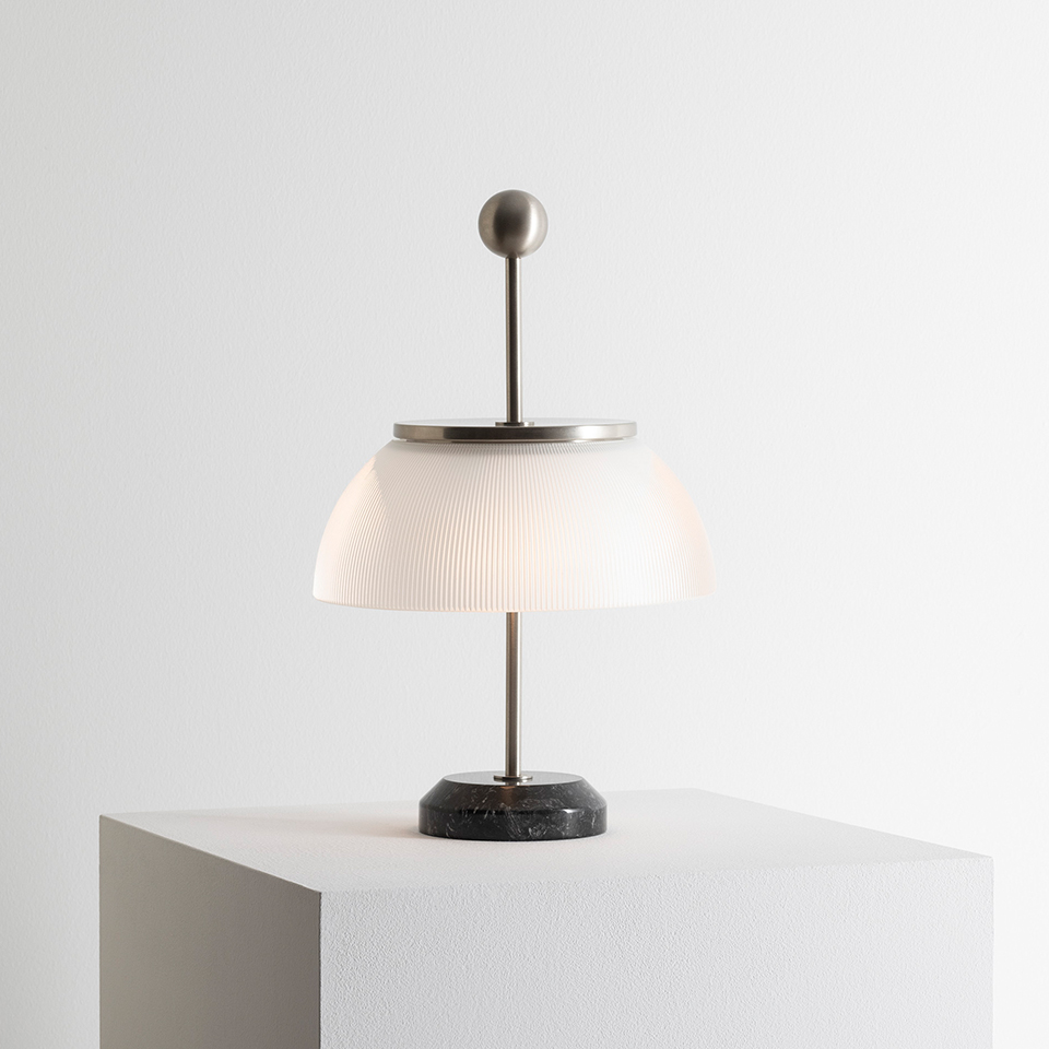 Artemide Alfa table lamp: ribbed white glass dome shade, brushed metal stem with sphere finial, black marble circular base