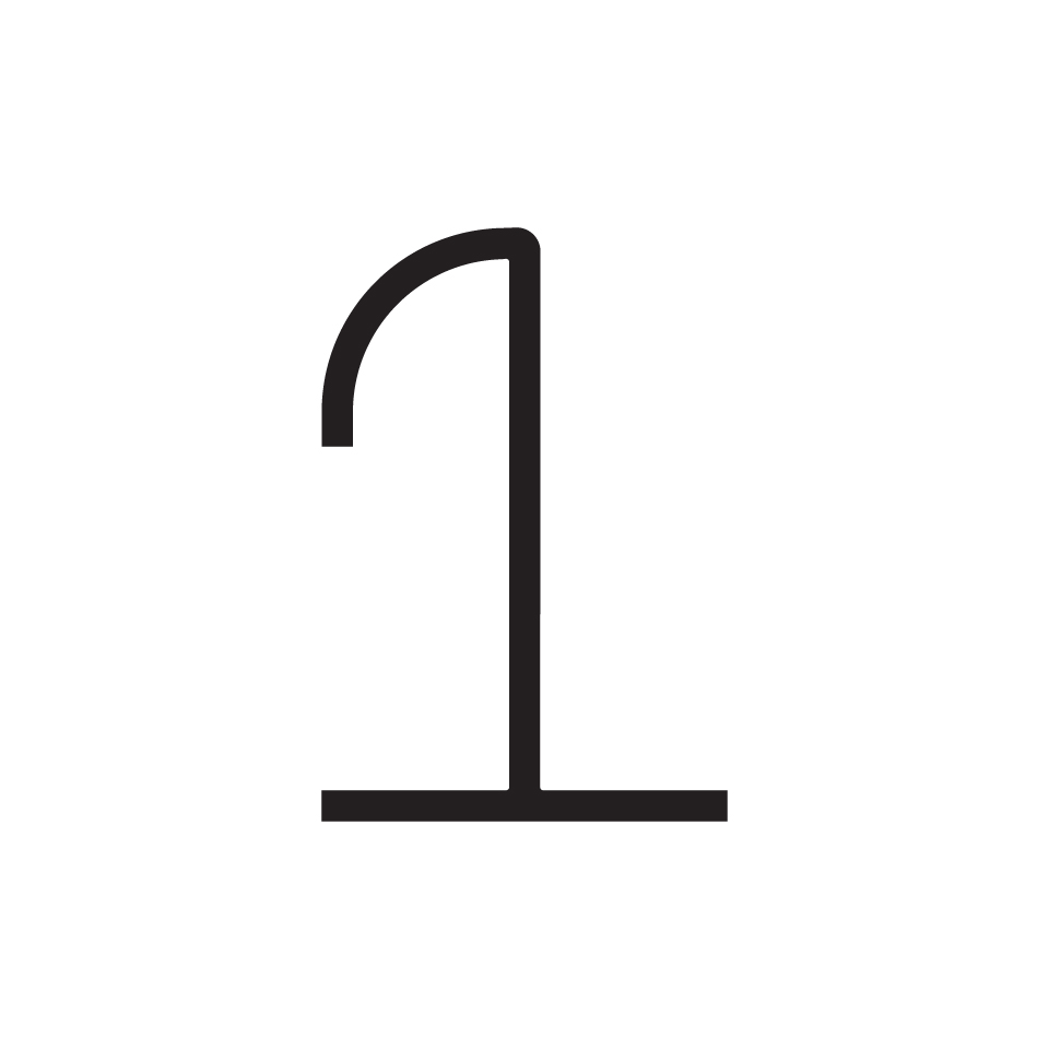 Artemide Alphabet of Light: numeral '1' formed by a thin black line with a curved serif top and a horizontal base