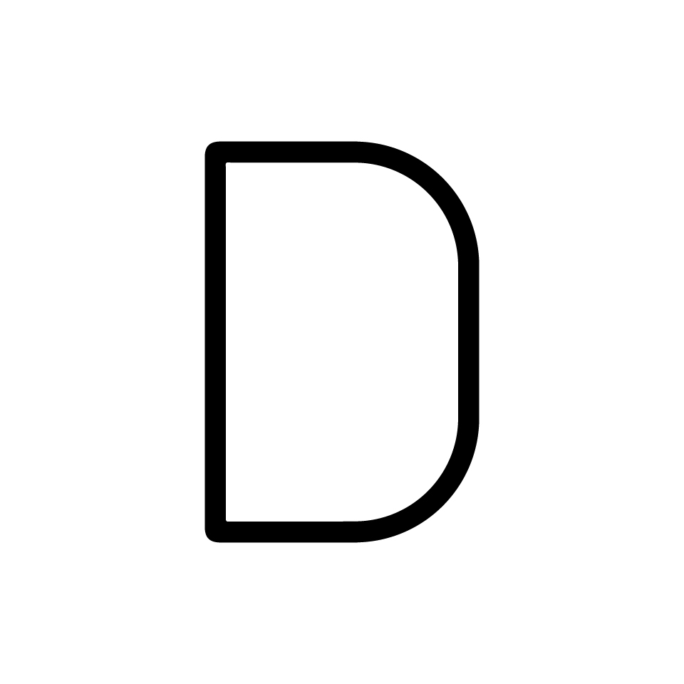 Artemide Alphabet of Light Mini: uppercase letter D, rendered in a thin outline style with rounded edges on white background