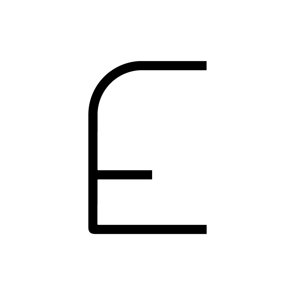 Artemide Alphabet of Light Mini: stylized letter E in black, formed by clean geometric lines with rounded top-left corner.