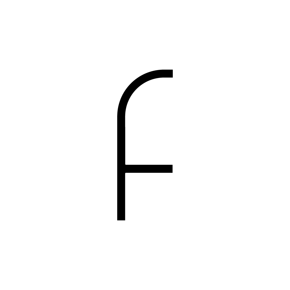 Artemide Alphabet of Light: uppercase letter F in thin black lines with rounded top corner, decorative typographic element