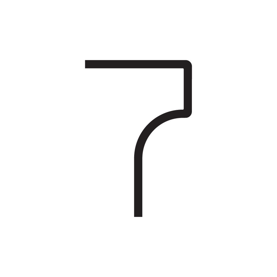 Artemide Alphabet of Light: number 7, minimalist black outline design with a sharp top and curved lower stem