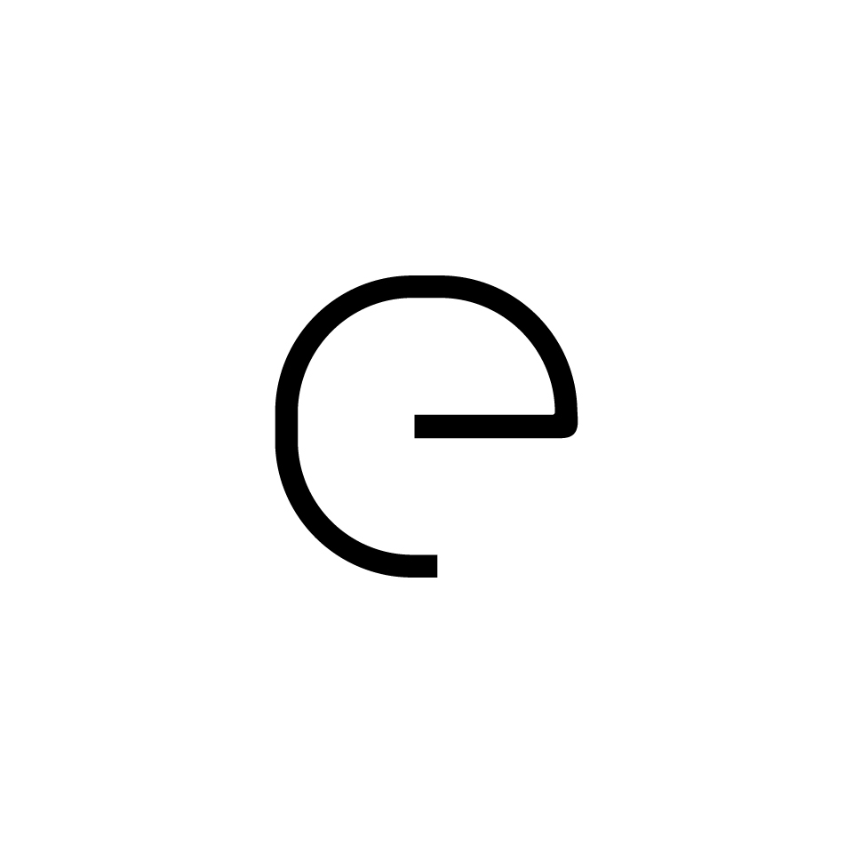 Artemide logo: a minimalist black lowercase letter 'e' with an open circular form and a horizontal bar, on white background