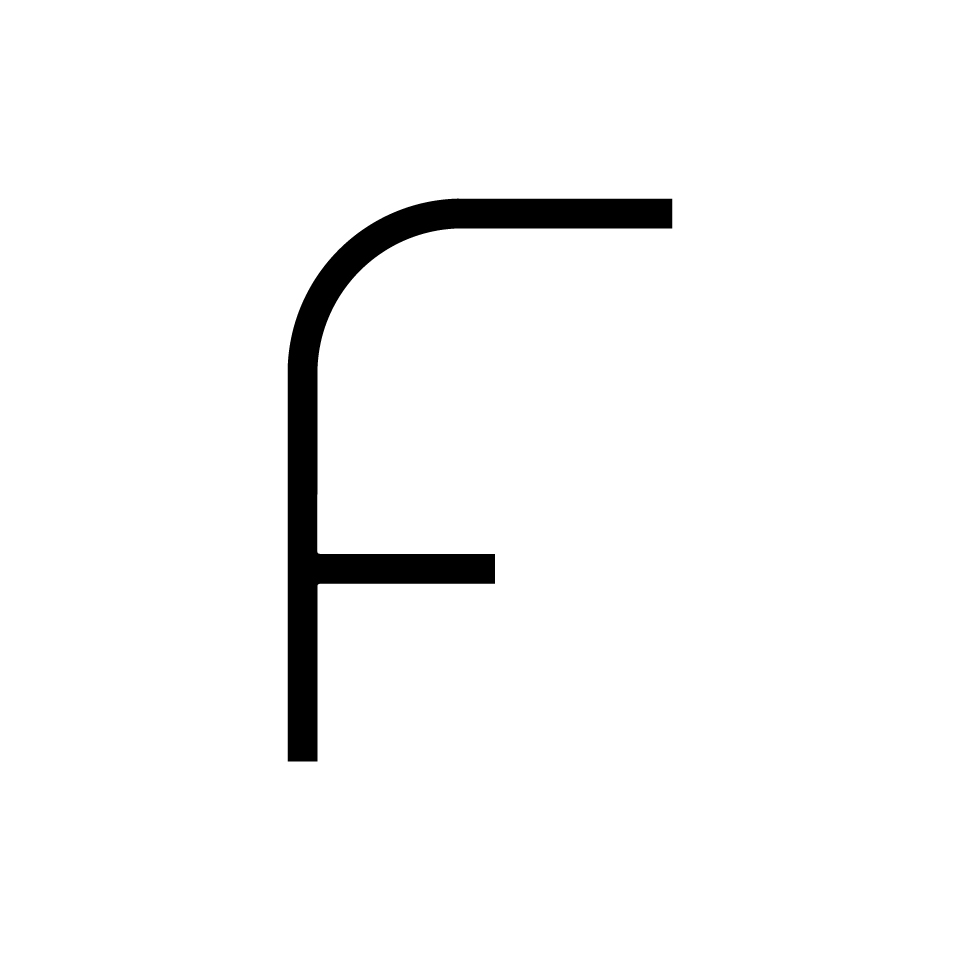 Artemide Alphabet of Light: uppercase letter F, rendered in bold black lines with rounded corner, minimalist design