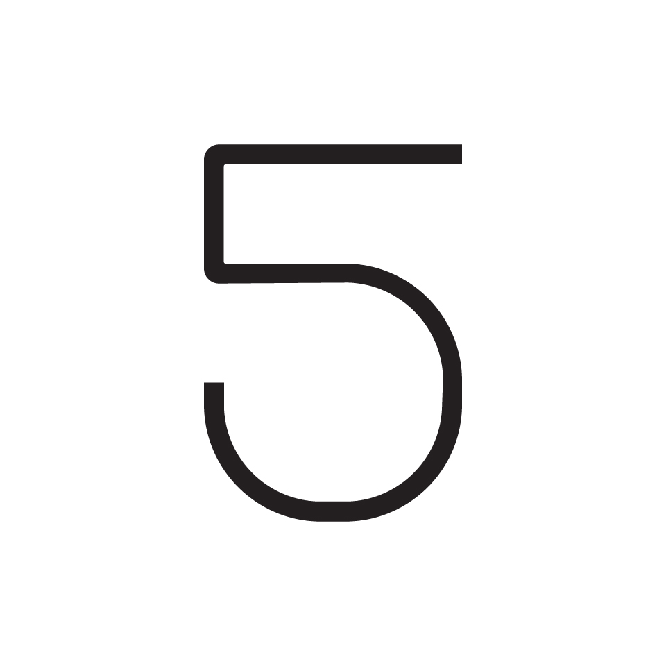 Number 5 from Artemide Alphabet of Light collection, minimalist thin-line design in black on white background