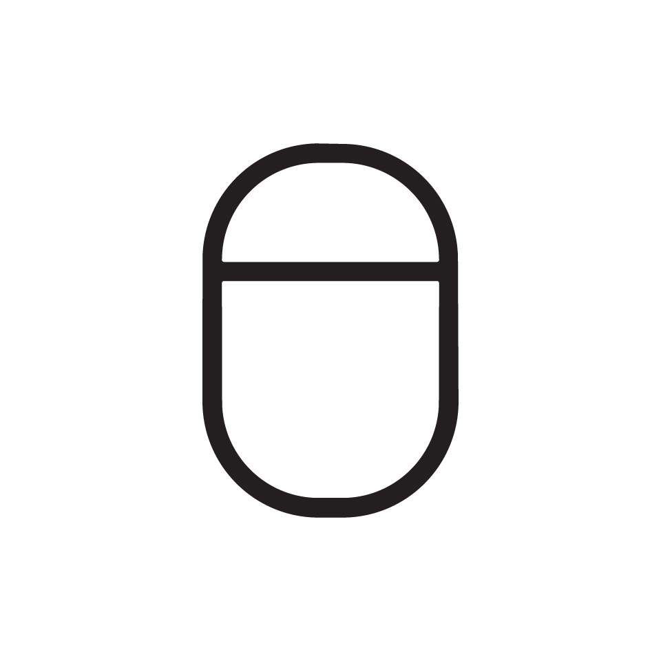 Artemide Alphabet of Light: minimalist icon of the letter O, capsule-shaped outline with a horizontal dividing line, black on white