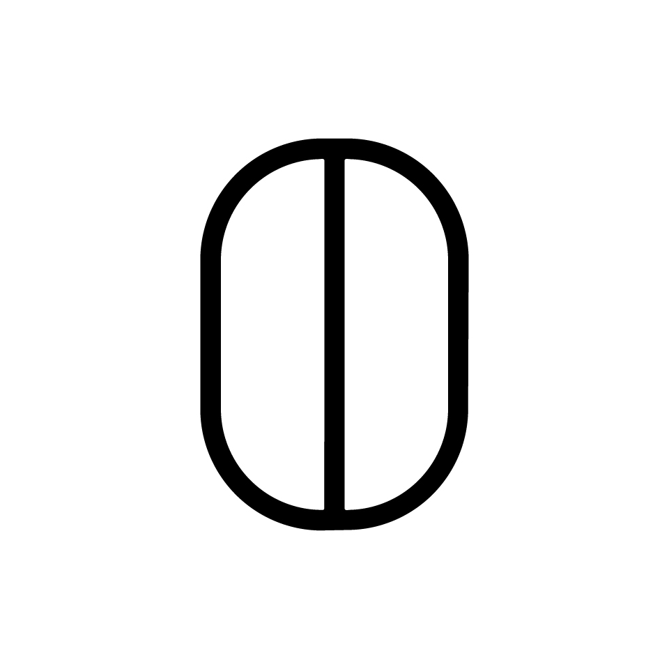 Artemide Alphabet of Light: letter O, minimalist outline design with vertical center line, rounded rectangular shape in black on white