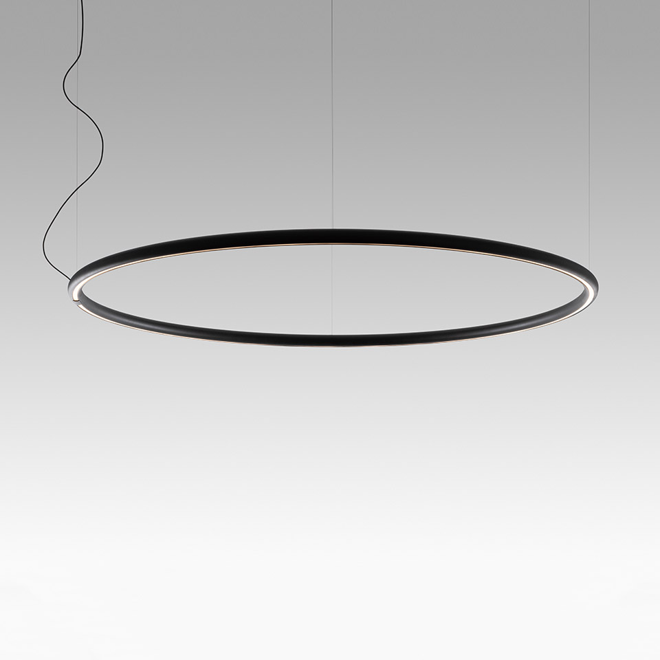 Artemide Alphabet of Light circular pendant lamp, large black ring with integrated LED strip, suspended by black cables