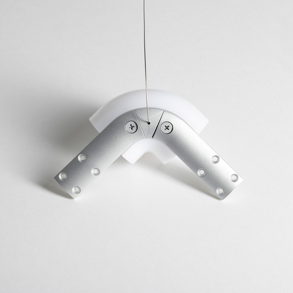 Artemide Alphabet of Light System: V-shaped modular pendant connector in white and silver aluminum, suspended by steel cable - 2