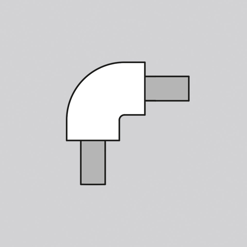 L-shaped corner connector accessory for Artemide Alphabet of Light modular system, shown in white with gray cable ends