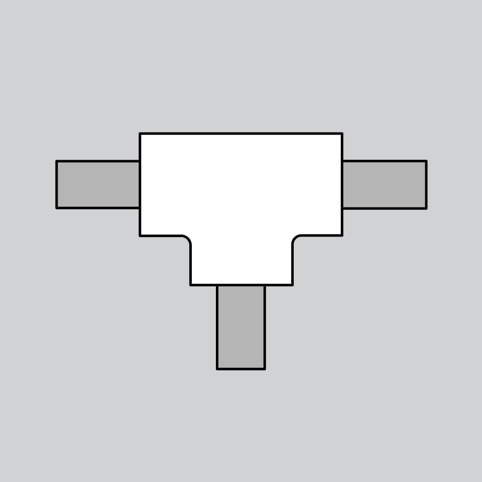 T-shaped connector for Alphabet of Light modular system, with three white housing ports for horizontal and downward track extensions