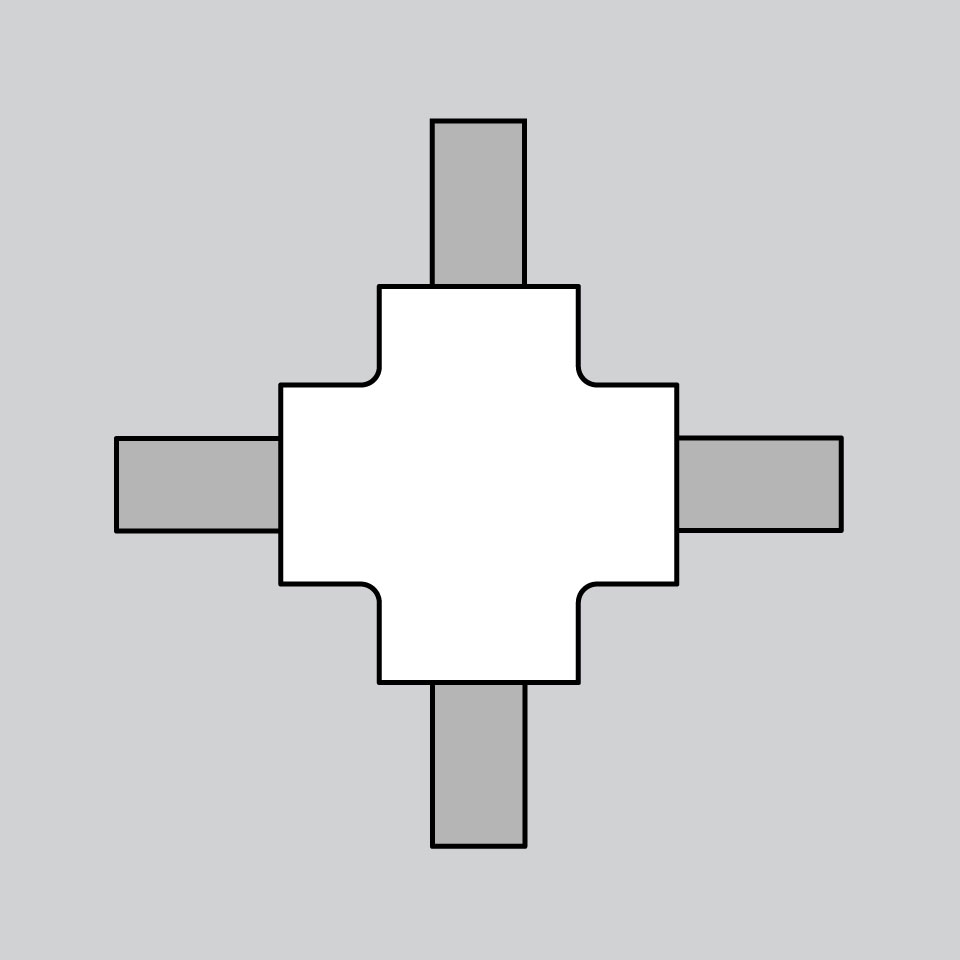 Artemide Alphabet of Light System: cross-shaped connector joining four modular track segments, top view, white body with gray ends