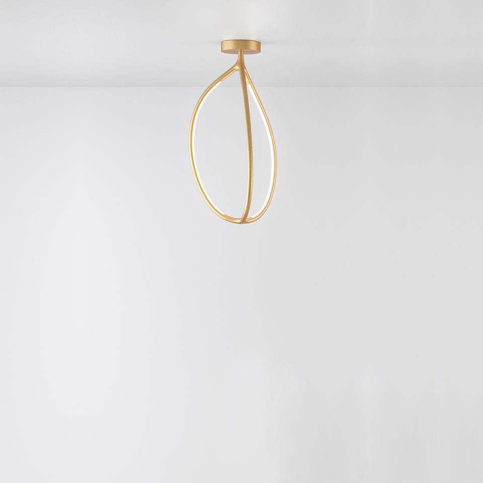 Artemide Arrival ceiling lamp in gold, featuring an elegant looped oval LED ring mounted flush to the ceiling