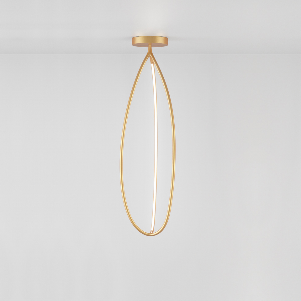 Artemide Arrival ceiling lamp: elongated teardrop-shaped gold metal frame with integrated LED strip, flush-mounted on ceiling