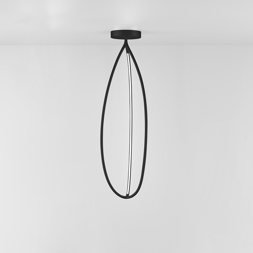 Artemide Arrival pendant lamp: elongated teardrop-shaped black metal frame with integrated LED strip, ceiling-mounted