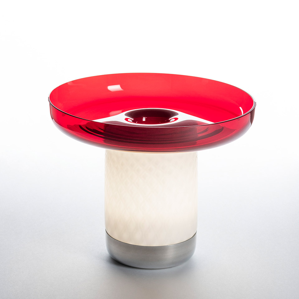 Artemide Bontà table lamp: translucent red glass dish on a white opal cylindrical diffuser with brushed aluminum base