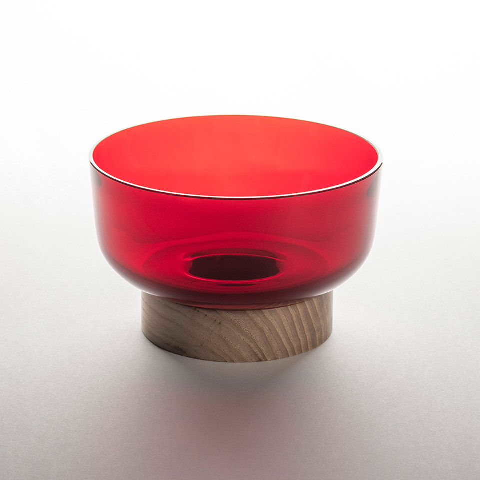 Artemide Bontà decorative bowl with translucent red blown glass cup and natural wood cylindrical base