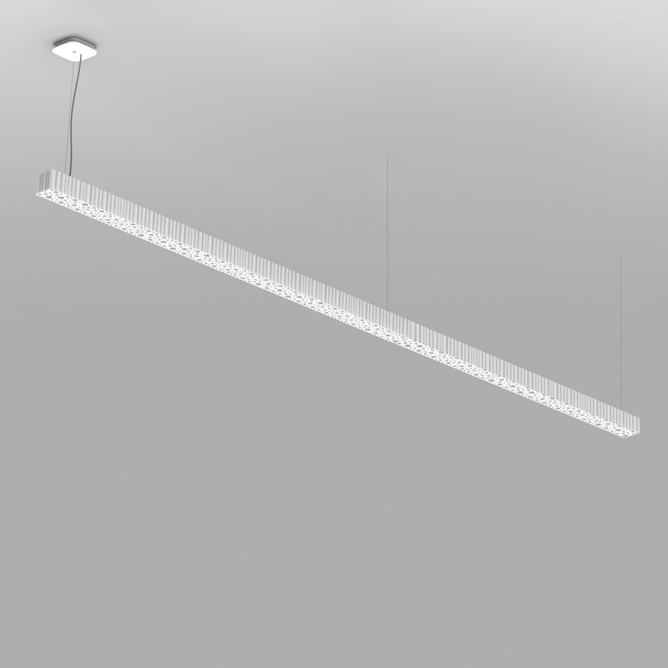 Artemide Calipso Linear Stand Alone: slim white pendant lamp with elongated LED bar featuring decorative diffuser pattern, suspended by cables