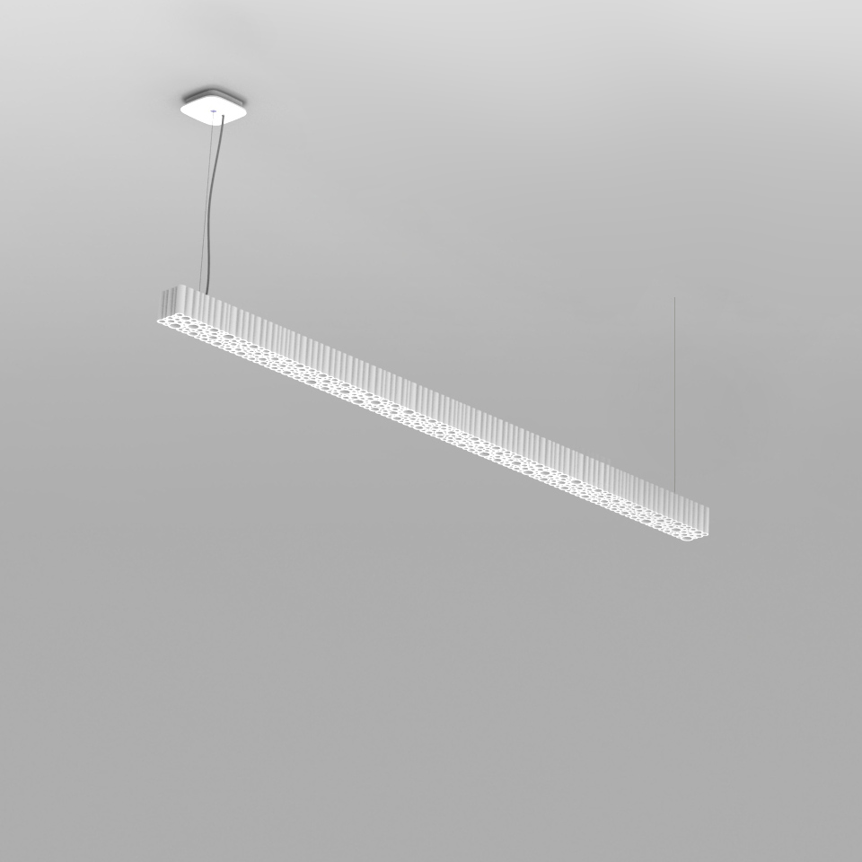 Artemide Calipso Linear Stand Alone pendant lamp: slim white elongated fixture with decorative perforated diffuser, suspended by cables