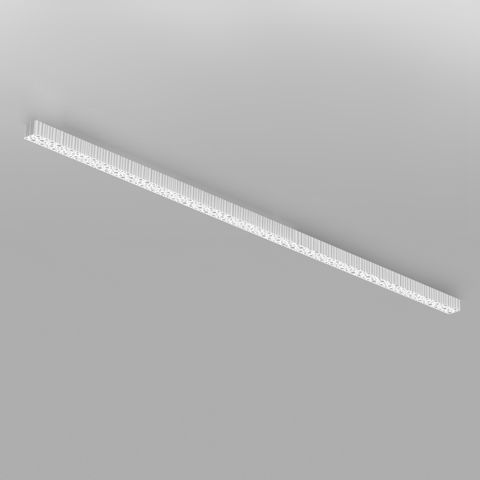 Artemide Calipso Linear Stand Alone: slim white ceiling-mounted LED light bar with diffused micro-lens array for uniform illumination