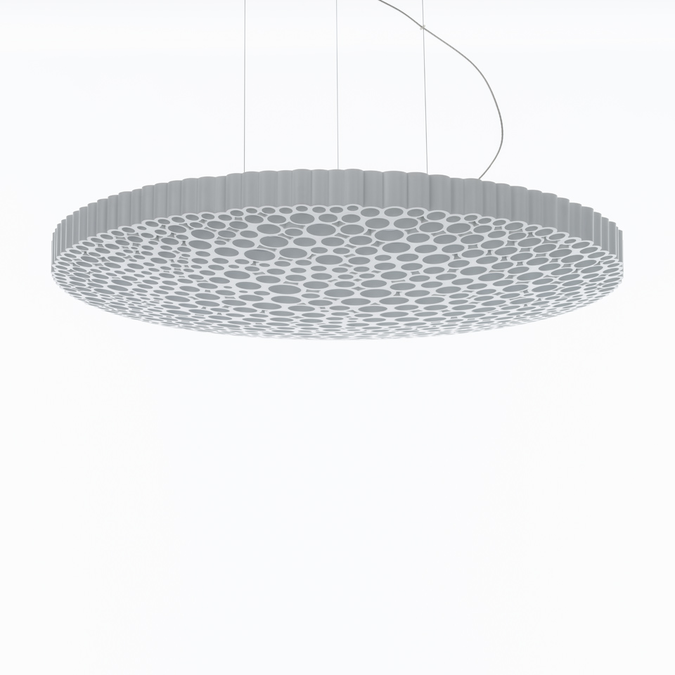 Calipso pendant lamp by Artemide: large circular white diffuser with organic circular perforations, suspended by thin cables - 2