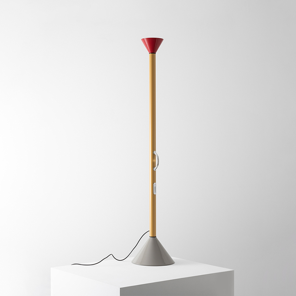 Artemide Callimaco floor lamp: tall wooden stem, red conical top diffuser, grey base, with dimmer switch on stem