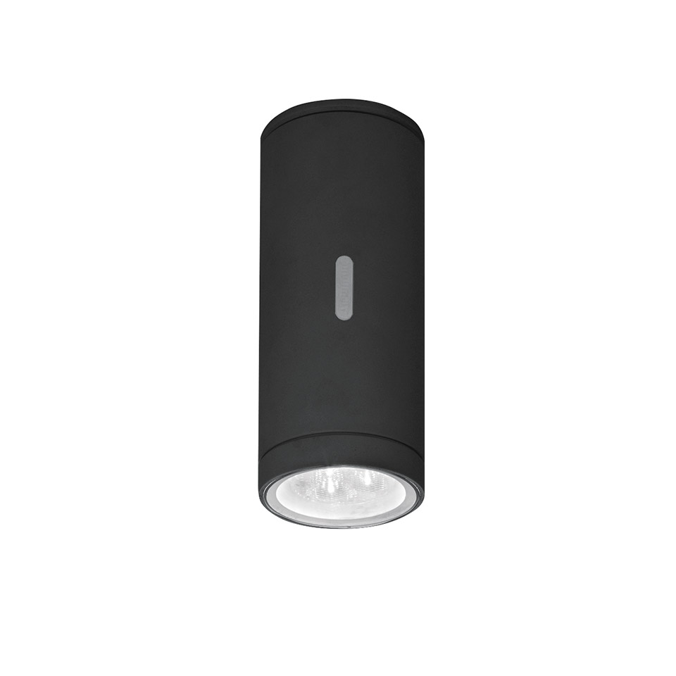 Artemide Calumet ceiling spotlight: black cylindrical body with small indicator window and exposed LED light source at the bottom