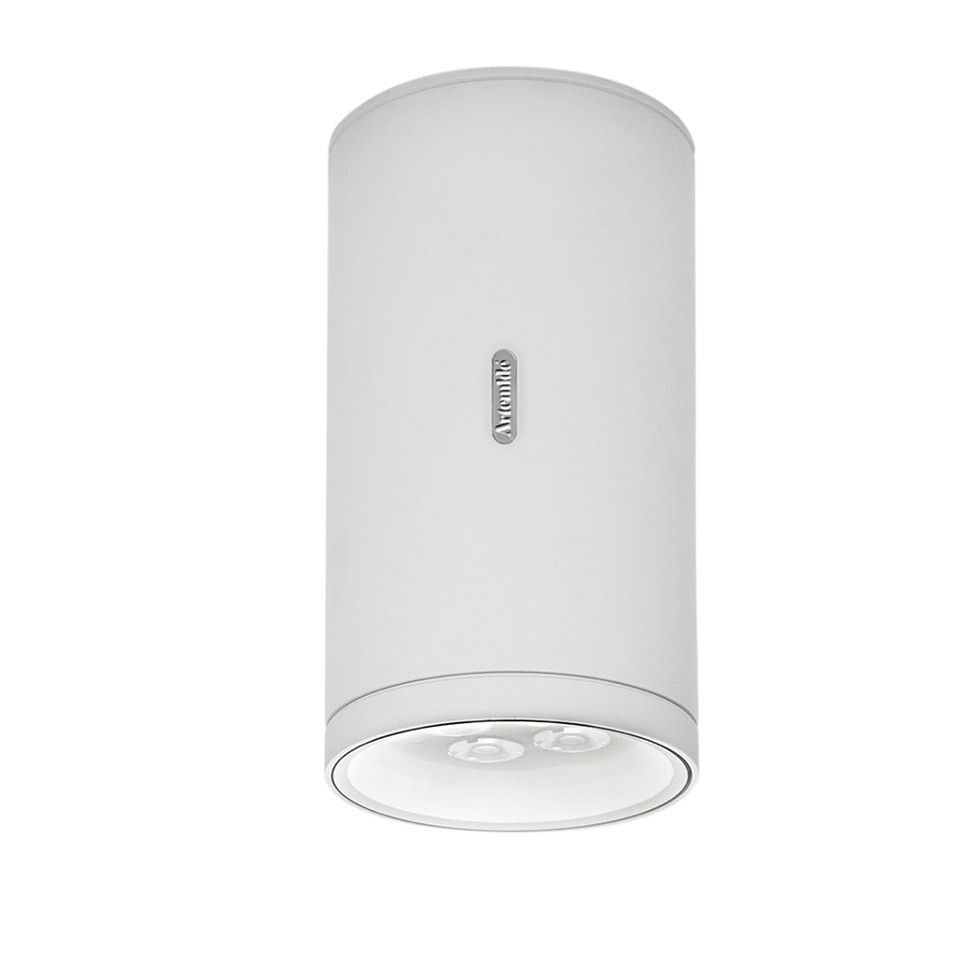 Artemide Calumet ceiling lamp: white cylindrical body with integrated LED light source, surface-mounted downlight design