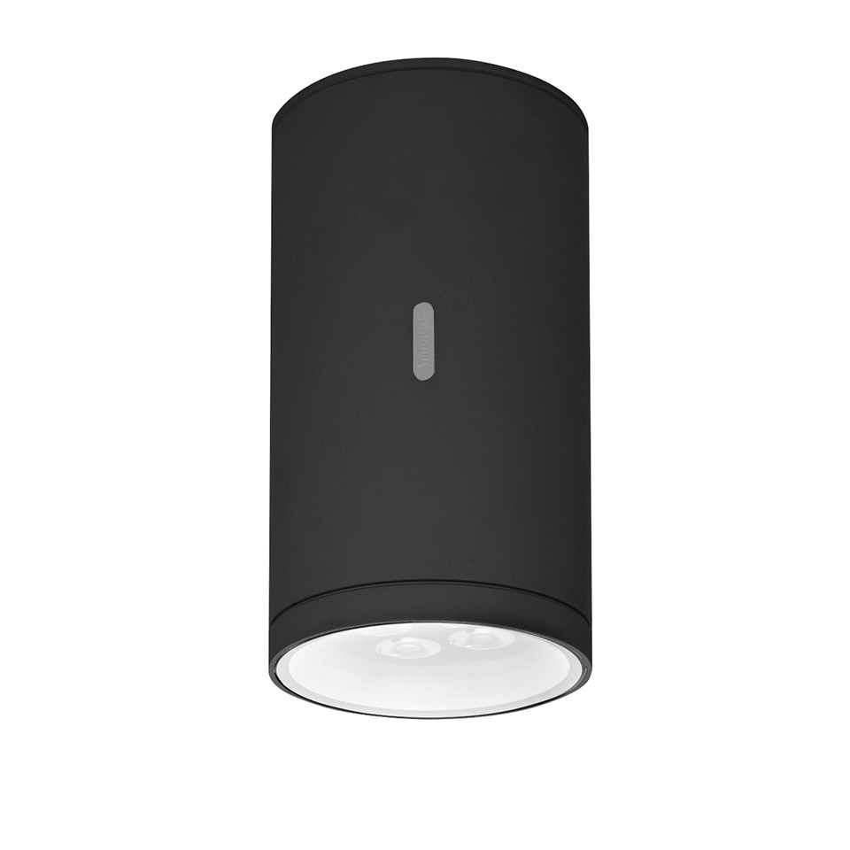 Artemide Calumet ceiling lamp: black cylindrical body with small indicator slot, white diffuser at base housing LED light sources