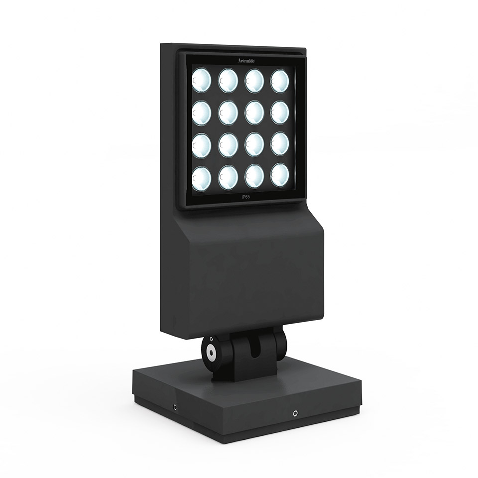 Artemide Cefiso outdoor LED floodlight, dark grey, 4x4 LED array, adjustable tilt mount on square base