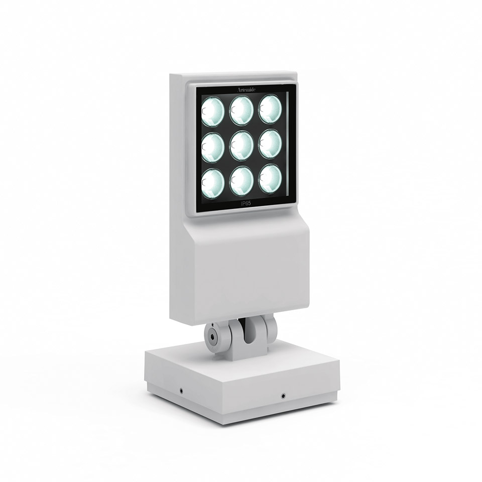 Artemide Cefiso outdoor spotlight: white square LED head with 9 lenses on adjustable tilt joint, mounted on rectangular base
