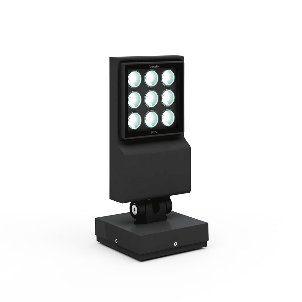 Artemide Cefiso outdoor spotlight in dark grey, featuring 9 LED lenses on adjustable tilt mount with square base