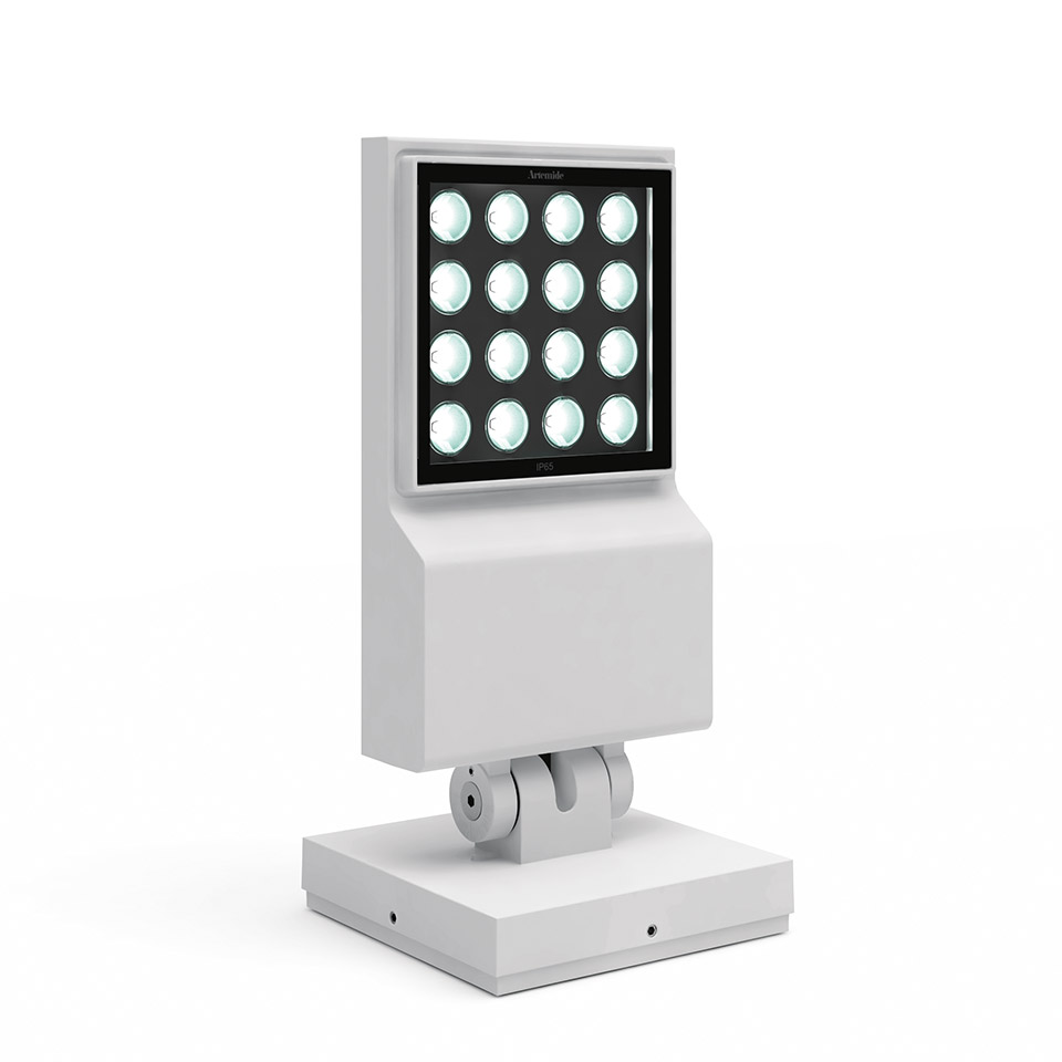 Artemide Cefiso outdoor LED projector, white finish, 4x4 LED array, adjustable tilt mount on square base