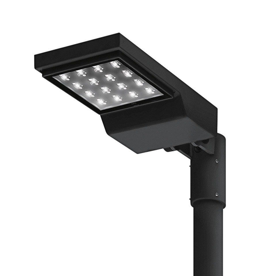 Artemide Cefiso Pole outdoor LED fixture in matte black, mounted on a pole with adjustable bracket, featuring a square array of 16 LEDs