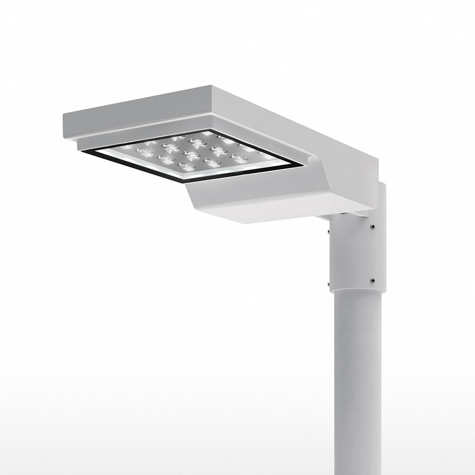 Artemide Cefiso Pole outdoor LED street lamp, white aluminum housing with square head and 12 LED array, mounted on a pole