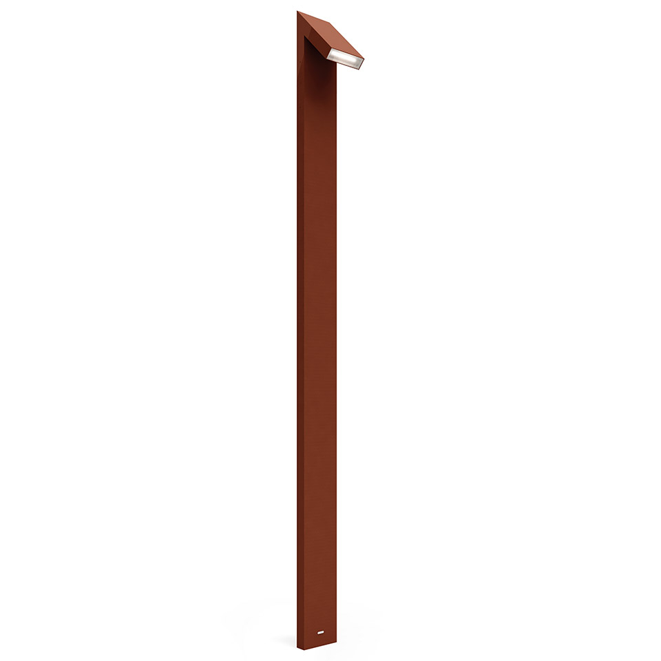 Artemide Chilone outdoor bollard light: tall slim rust-red aluminum post with angled LED head for pathway illumination