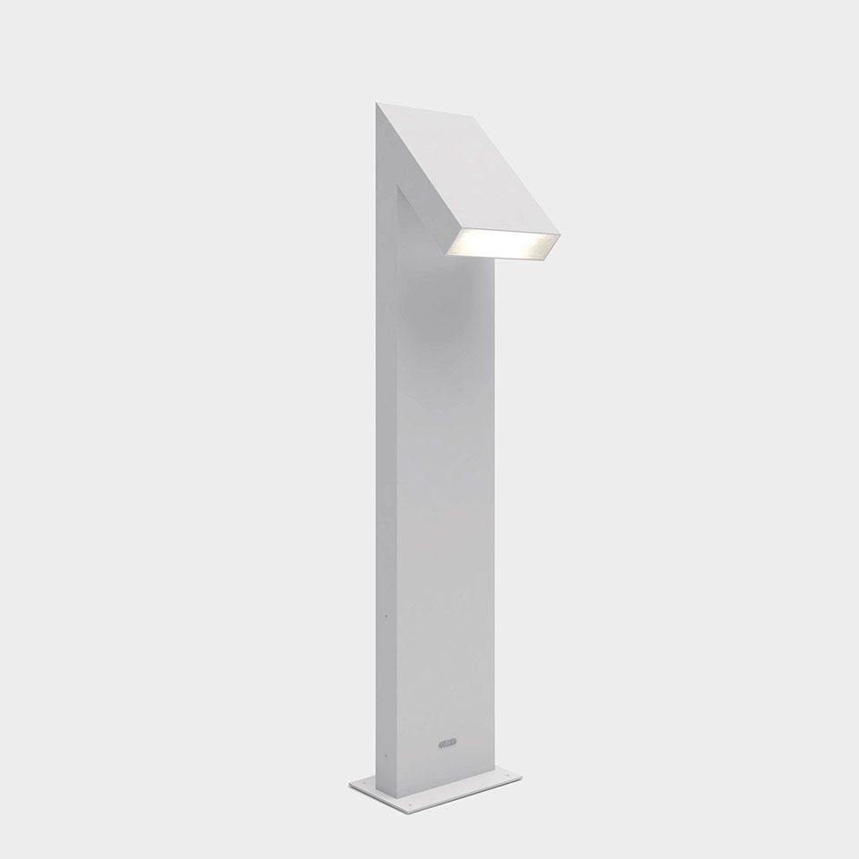 Artemide Chilone outdoor bollard light in white, slim rectangular post with angled LED head directing light downward