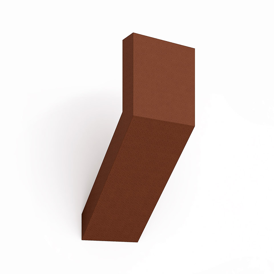 Artemide Chilone wall lamp in rust red, angular geometric body with diagonal lower section, minimalist design