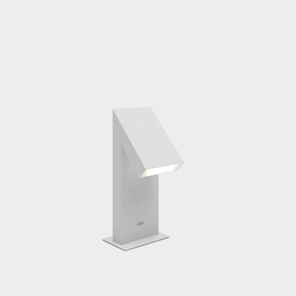 Artemide Chilone outdoor bollard light in white, angular geometric design with angled LED head on rectangular base