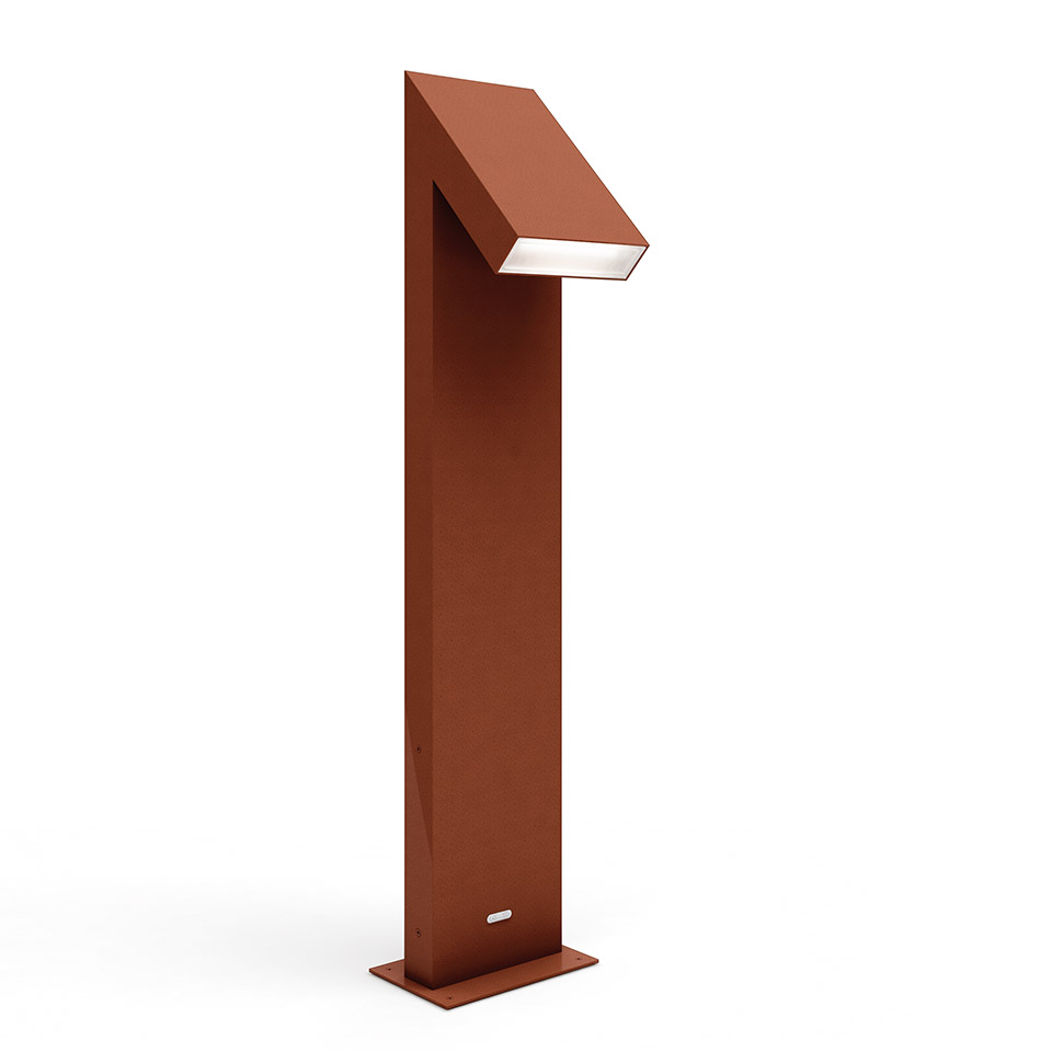 Artemide Chilone outdoor bollard light in rust red, tall rectangular post with angled LED head on square base