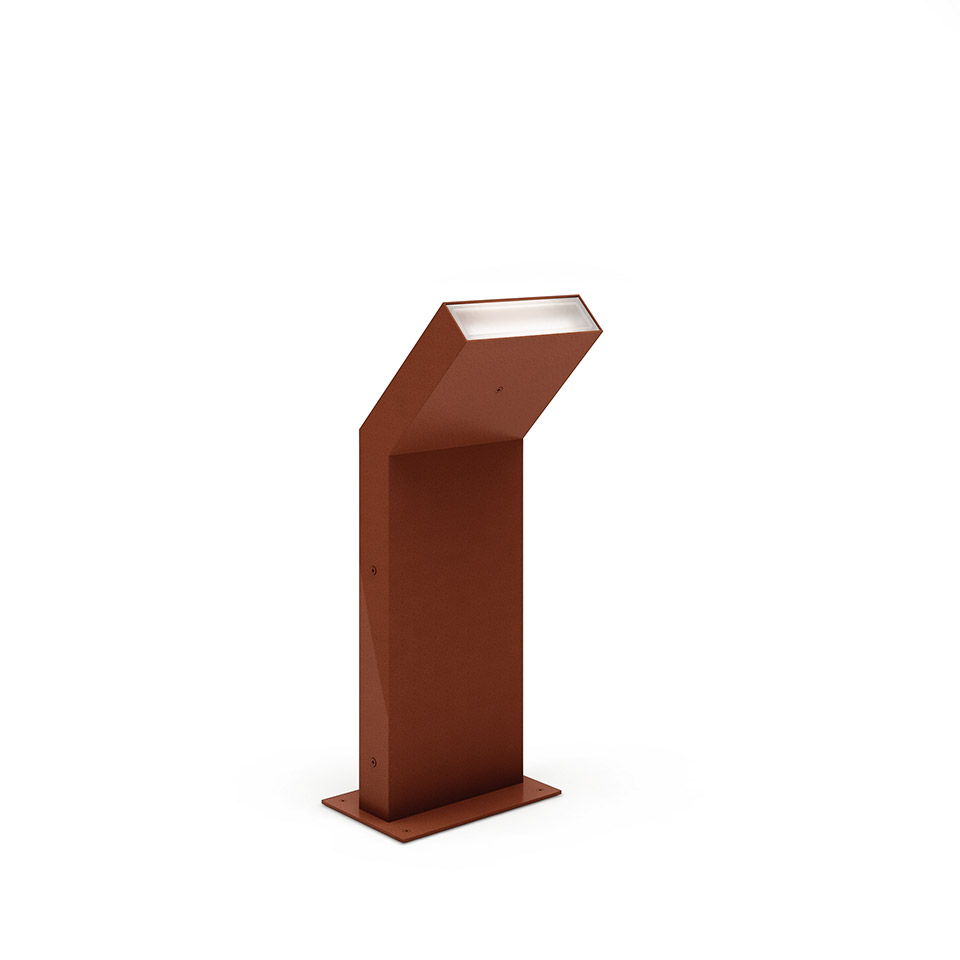 Artemide Chilone outdoor bollard light in corten red finish, angular geometric design with angled LED top on a flat base