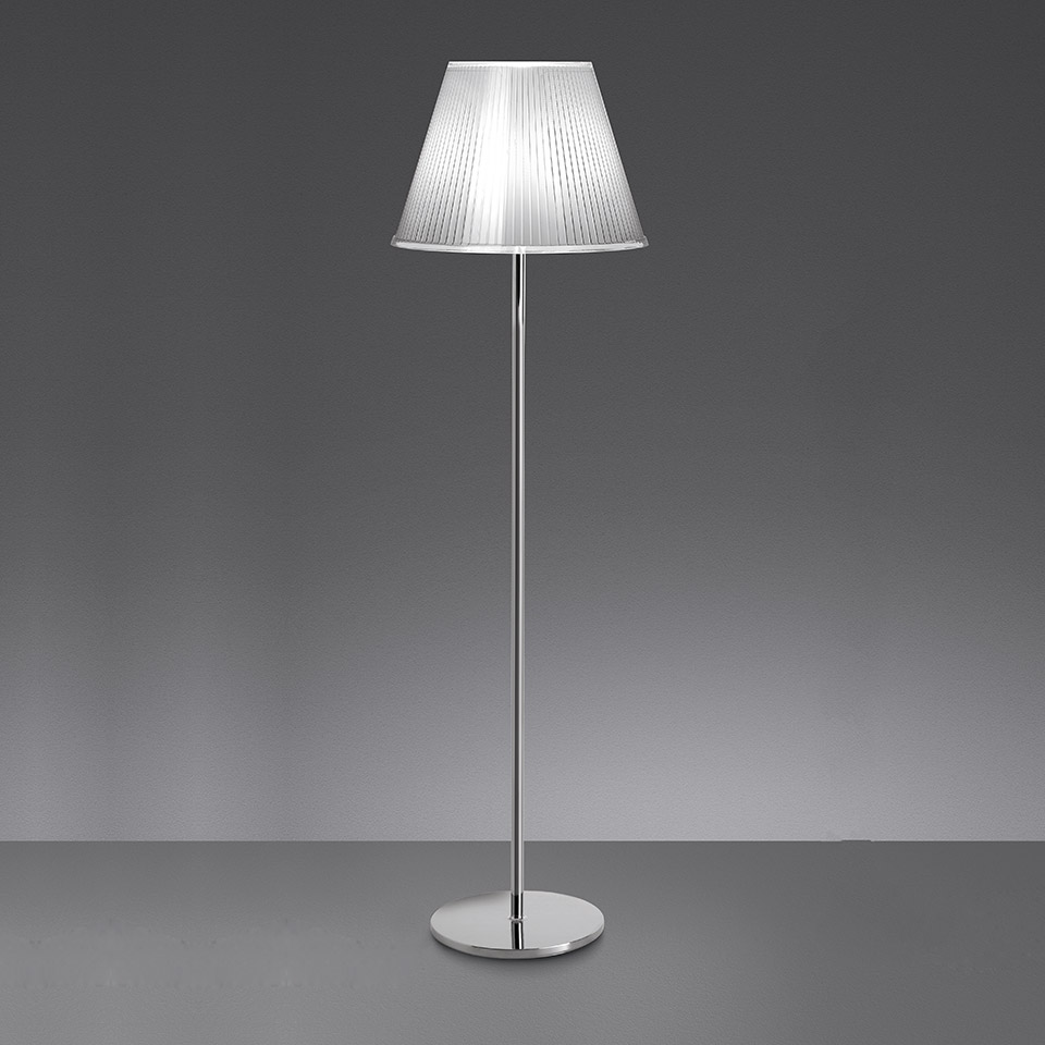 Artemide Choose floor lamp with ribbed translucent conical shade and slim chrome stem on a round polished base