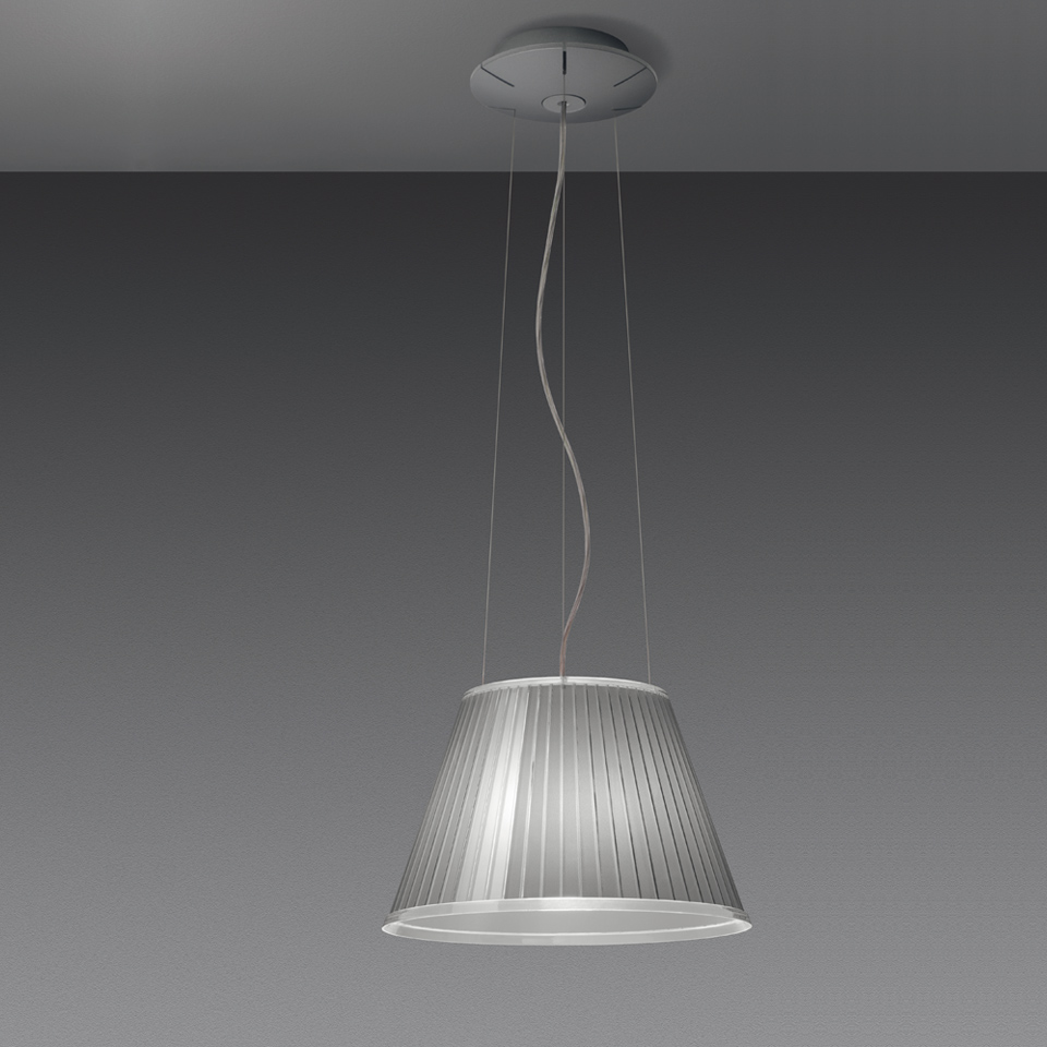 Artemide pendant lamp with pleated semi-transparent grey shade, conical shape, suspended by thin cables from a ceiling canopy