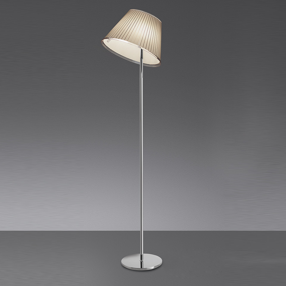 Artemide Choose floor lamp with tilted pleated fabric shade in warm beige, slim chrome stem and round polished base