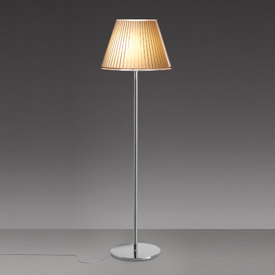 Artemide Choose Mega floor lamp with pleated fabric shade in warm tones, slim chrome stem, and round polished chrome base
