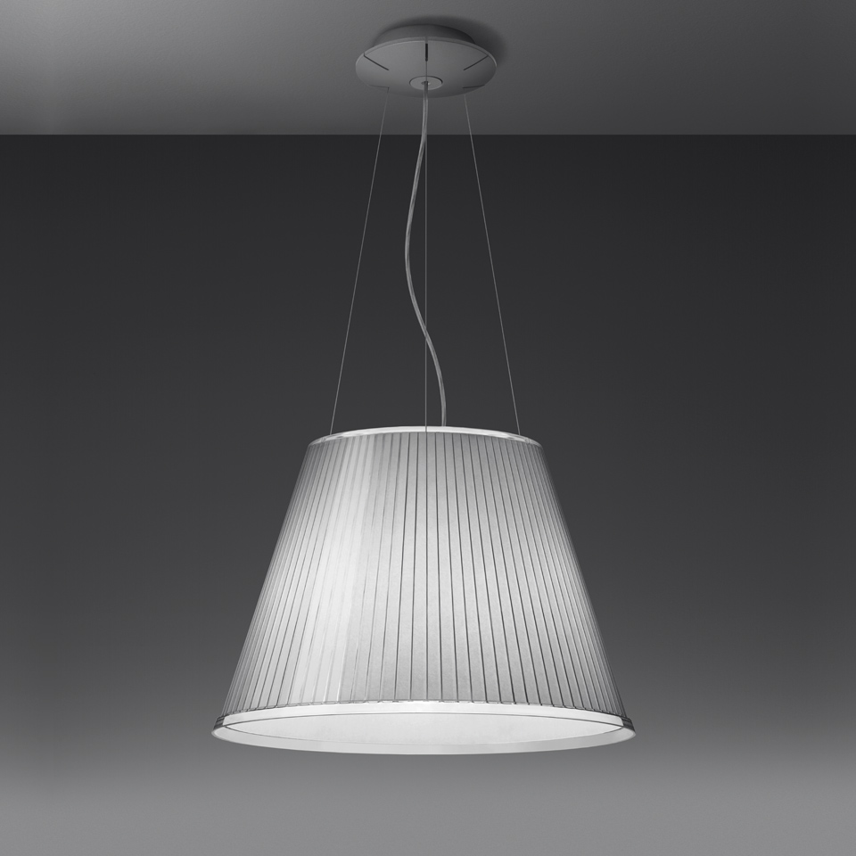 Artemide Choose Mega pendant lamp with pleated fabric shade, conical shape in white/grey, suspended by thin cables from ceiling canopy