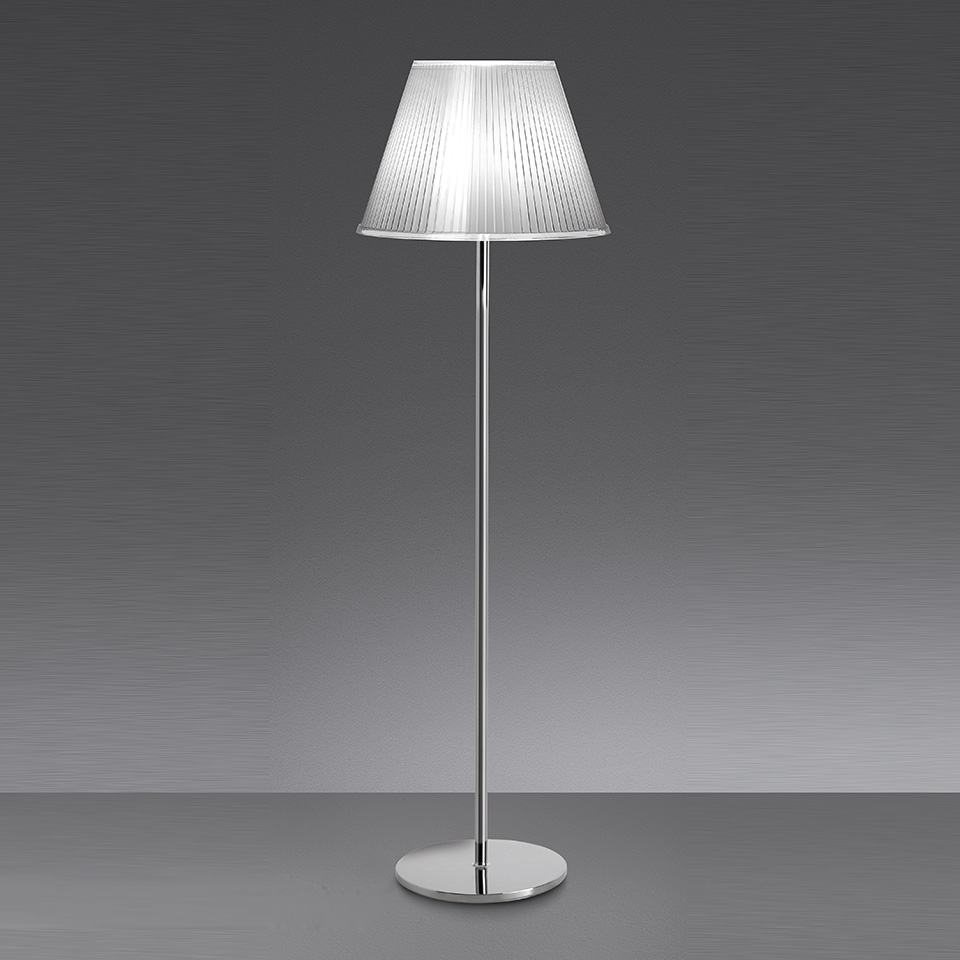 Artemide Choose Mega floor lamp with conical ribbed white diffuser shade on a slim polished chrome stem and round base